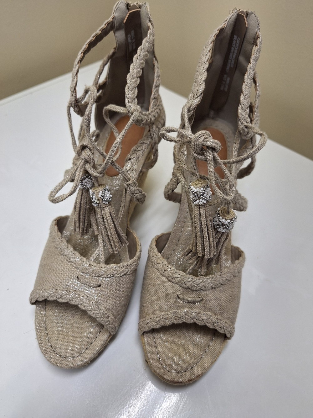Beaded Tassel Lace-Up Sandals - Beige